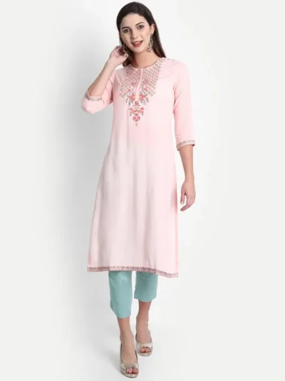 Msya Fashions Blended Soft Cotton Kurta Set for Women with Embroidery on Neckline - Pastel Pink and Mint Green Kurta Set